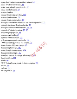 B
y
4
$
$
!
|

/
|
stade dans le développement international, 42
stade développement local, 58
stade internationalisation initiale, 57
stade mondialisation, 59
standardisation, 173
standardisation des produits, 130
standardisation totale, 20
standardisation-adaptation, 18
stratégie de communication pour les marques globales, 175
stratégie de standardisation adaptée, 29
stratégie de standardisation totale, 19, 23
stratégie d’adaptation totale, 25, 27
structure géographique, 64
structure matricielle, 65
style de communication, 178
style de communication culturels, 180
TOP, haut de la pyramide des revenus, 71
traduction parallèle en aveugle, 87
traduction phonétique, 152
traduction phonosémantique, 154
traduction sémantique, 153
transférer un nom de marque à l’étranger, 150
transplantation, 151
triade, 66
TSC, Test de Souveraineté du Consommateur, 34
unicité, 16
valeurs, 115
vision globale, 15
 