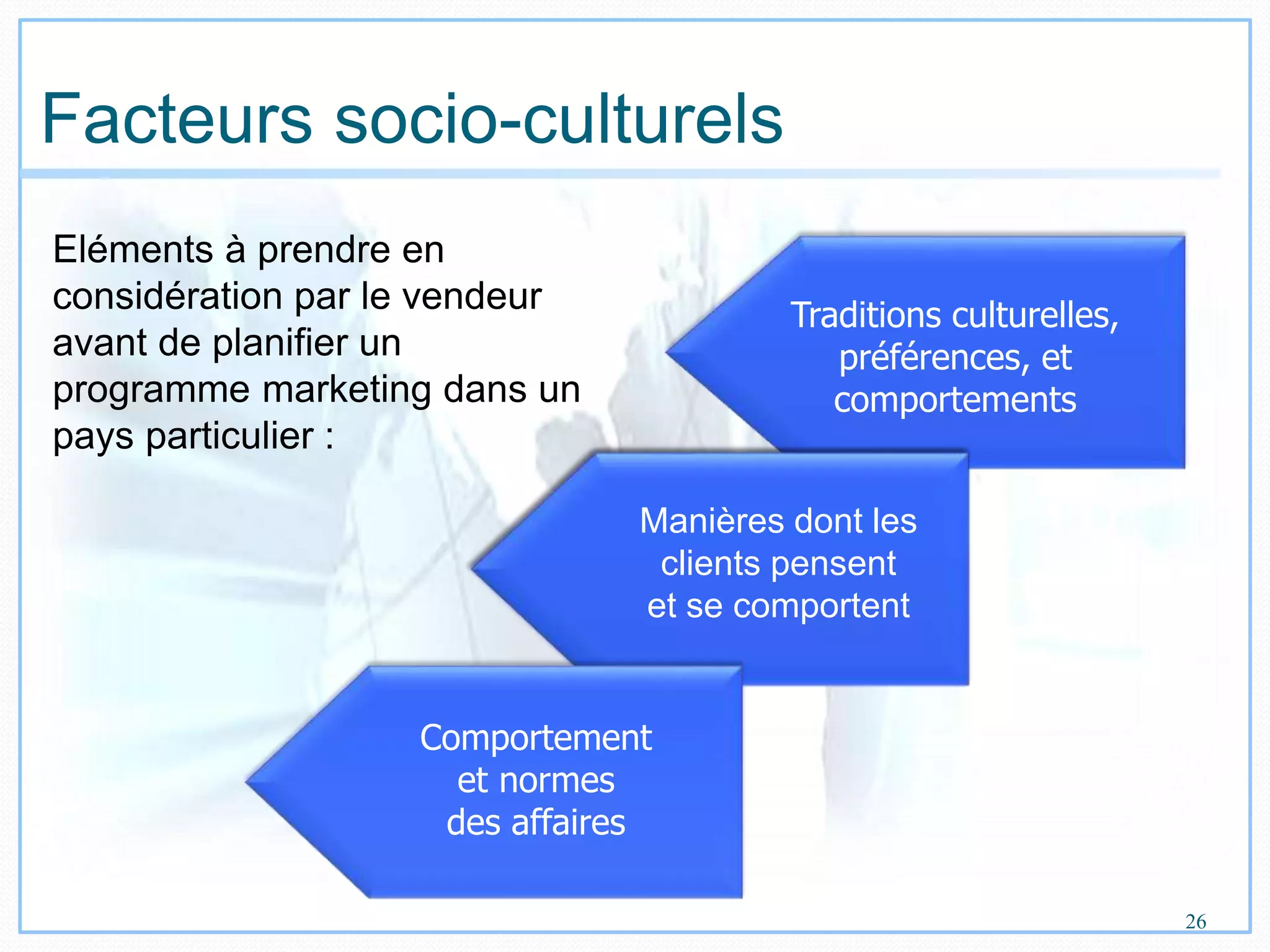 Traditions culturelles,
préférences, et
comportements
Facteurs socio-culturels
26
Manières dont les
clients pensent
et se comportent
Comportement
et normes
des affaires
Eléments à prendre en
considération par le vendeur
avant de planifier un
programme marketing dans un
pays particulier :
 