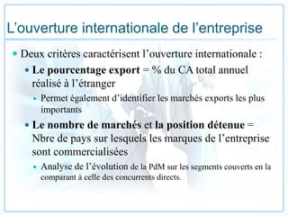 L’ouverture internationale de l’entreprise
 Deux critères caractérisent l’ouverture internationale :
 Le pourcentage export = % du CA total annuel
réalisé à l’étranger
 Permet également d’identifier les marchés exports les plus
importants
 Le nombre de marchés et la position détenue =
Nbre de pays sur lesquels les marques de l’entreprise
sont commercialisées
 Analyse de l’évolution de la PdM sur les segments couverts en la
comparant à celle des concurrents directs.
 