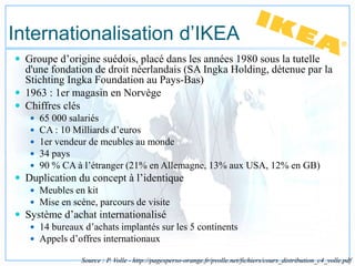 Internationalisation d’IKEA
 Groupe d’origine suédois, placé dans les années 1980 sous la tutelle
d'une fondation de droit néerlandais (SA Ingka Holding, détenue par la
Stichting Ingka Foundation au Pays-Bas)
 1963 : 1er magasin en Norvège
 Chiffres clés
 65 000 salariés
 CA : 10 Milliards d’euros
 1er vendeur de meubles au monde
 34 pays
 90 % CA à l’étranger (21% en Allemagne, 13% aux USA, 12% en GB)
 Duplication du concept à l’identique
 Meubles en kit
 Mise en scène, parcours de visite
 Système d’achat internationalisé
 14 bureaux d’achats implantés sur les 5 continents
 Appels d’offres internationaux
Source : P. Volle - http://pagesperso-orange.fr/pvolle.net/fichiers/cours_distribution_c4_volle.pdf
 