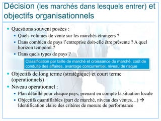 Décision (les marchés dans lesquels entrer) et
objectifs organisationnels
 Questions souvent posées :
 Quels volumes de vente sur les marchés étrangers ?
 Dans combien de pays l’entreprise doit-elle être présente ? A quel
horizon temporel ?
 Dans quels types de pays ?
 Objectifs de long terme (stratégique) et court terme
(opérationnels)
 Niveau opérationnel :
 Plan détaillé pour chaque pays, prenant en compte la situation locale
 Objectifs quantifiables (part de marché, niveau des ventes…) 
Identification claire des critères de mesure de performance
Classification par taille de marché et croissance du marché, coût de
conduite des affaires, avantage concurrentiel, niveau de risque
 