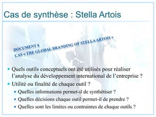 Cas de synthèse : Stella Artois
 Quels outils conceptuels ont été utilisés pour réaliser
l’analyse du développement international de l’entreprise ?
 Utilité ou finalité de chaque outil ?
 Quelles informations permet-il de synthétiser ?
 Quelles décisions chaque outil permet-il de prendre ?
 Quelles sont les limites ou contraintes de chaque outils ?
 