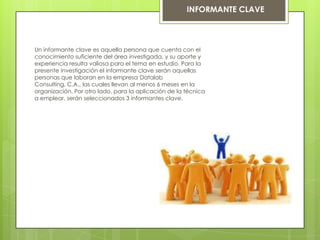 Un informante clave es aquella persona que cuenta con el
conocimiento suficiente del área investigada, y su aporte y
experiencia resulta valiosa para el tema en estudio. Para la
presente investigación el informante clave serán aquellas
personas que laboran en la empresa Datalab
Consulting, C.A., las cuales llevan al menos 6 meses en la
organización. Por otro lado, para la aplicación de la técnica
a emplear, serán seleccionados 3 informantes clave.
INFORMANTE CLAVE
 
