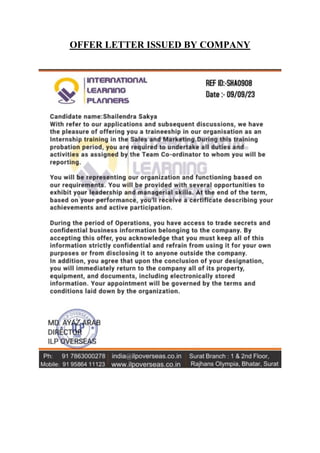 OFFER LETTER ISSUED BY COMPANY
 