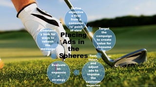 Placing
Ads in
the
Spheres
Define
objective
s first
from a
consume
rs’ point
of view
Target
the
campaign
to create
value for
consume
rs
Test,
listen,
and
adjust
ads to
improve
the
customer
experien
Evaluate
an
expansio
n
strategy
Constantl
y look for
ways to
refresh
the
message
 