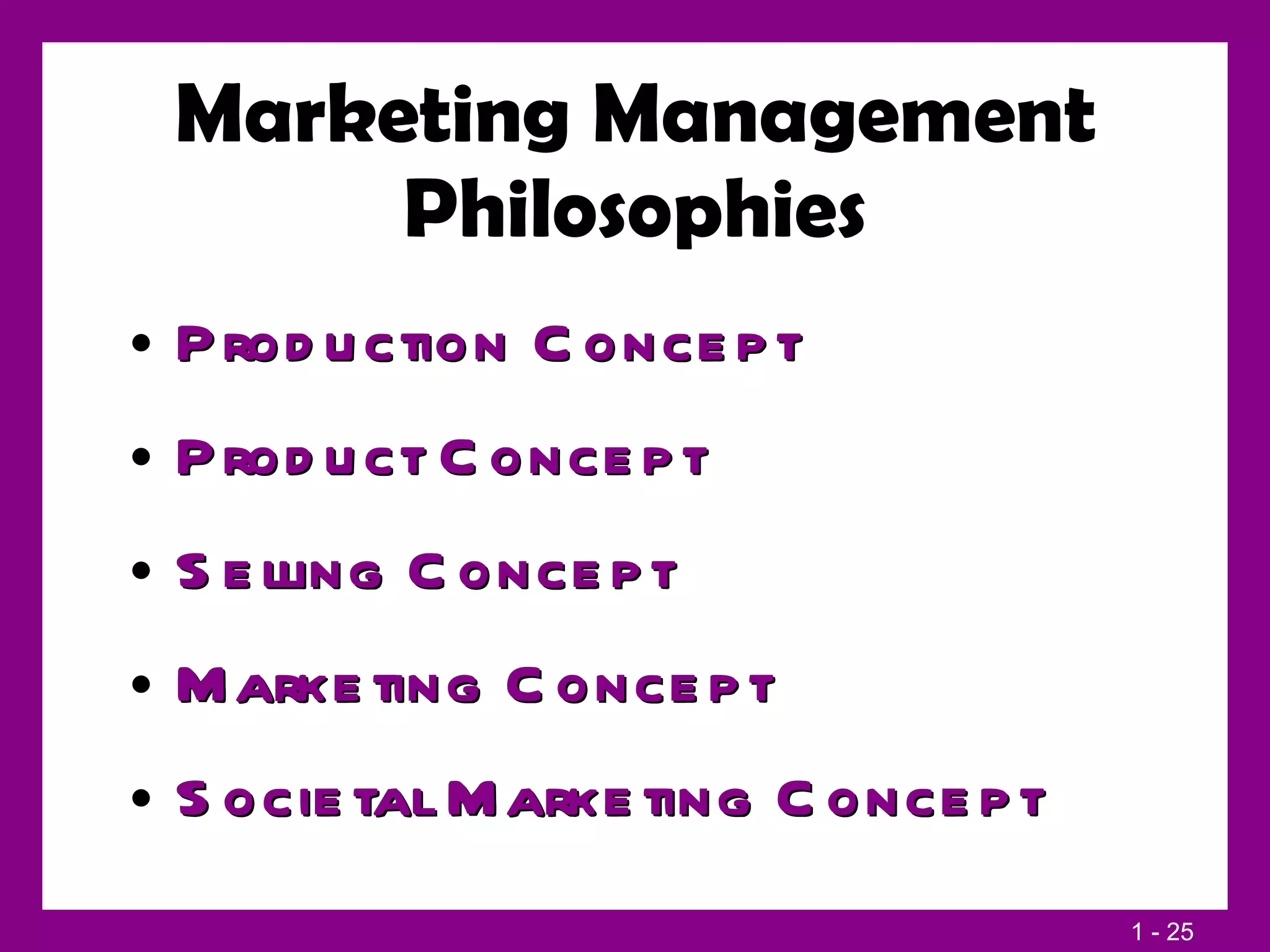 Marketing Management Philosophies Production Concept Product Concept Selling Concept Marketing Concept Societal Marketing Concept 