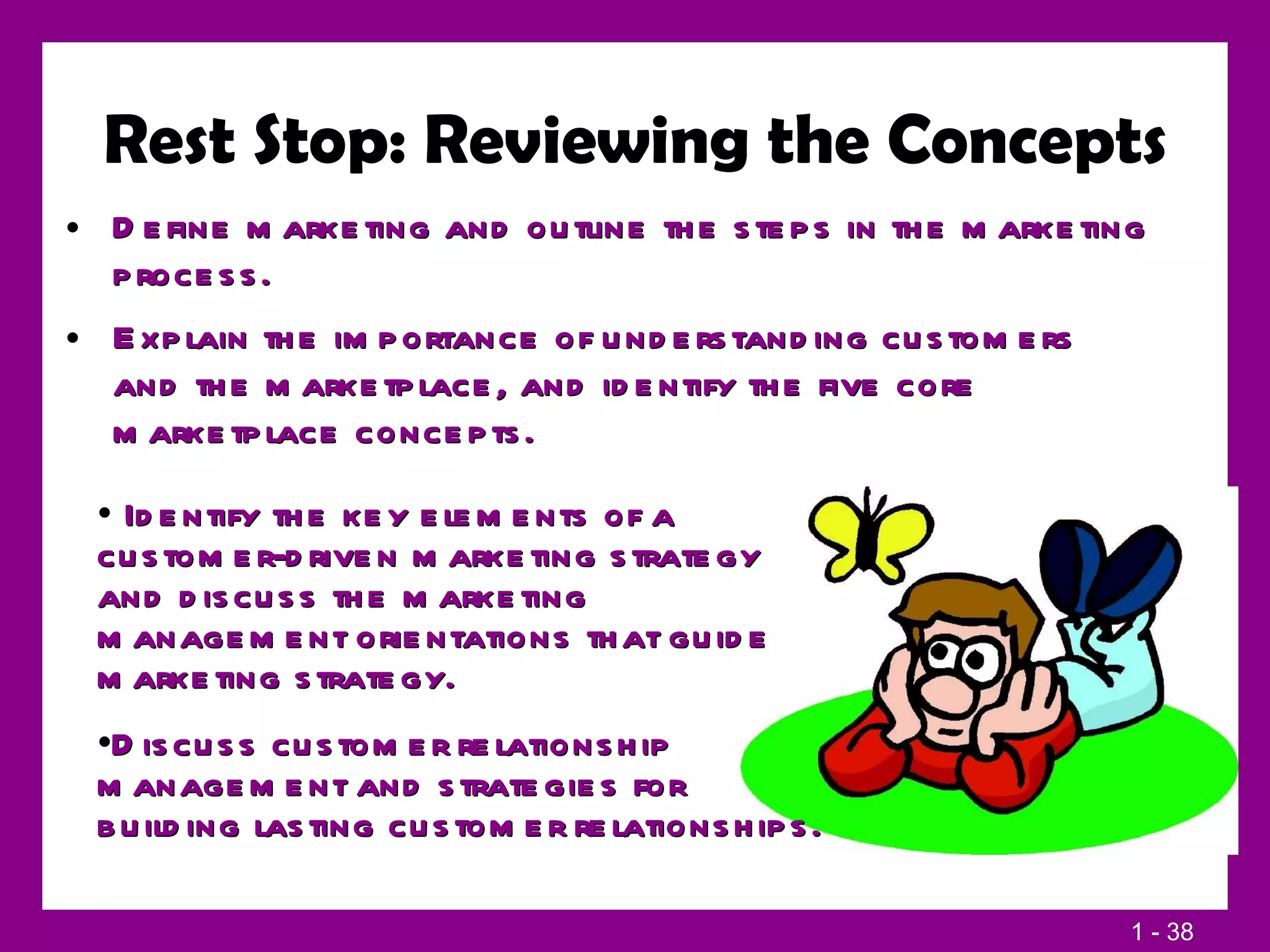 Rest Stop: Reviewing the Concepts Define marketing and outline the steps in the marketing process. Explain the importance of understanding customers and the marketplace, and identify the five core marketplace concepts. Identify the key elements of a  customer-driven marketing strategy and discuss the marketing management orientations that guide marketing strategy. Discuss customer relationship management and strategies for building lasting customer relationships. 