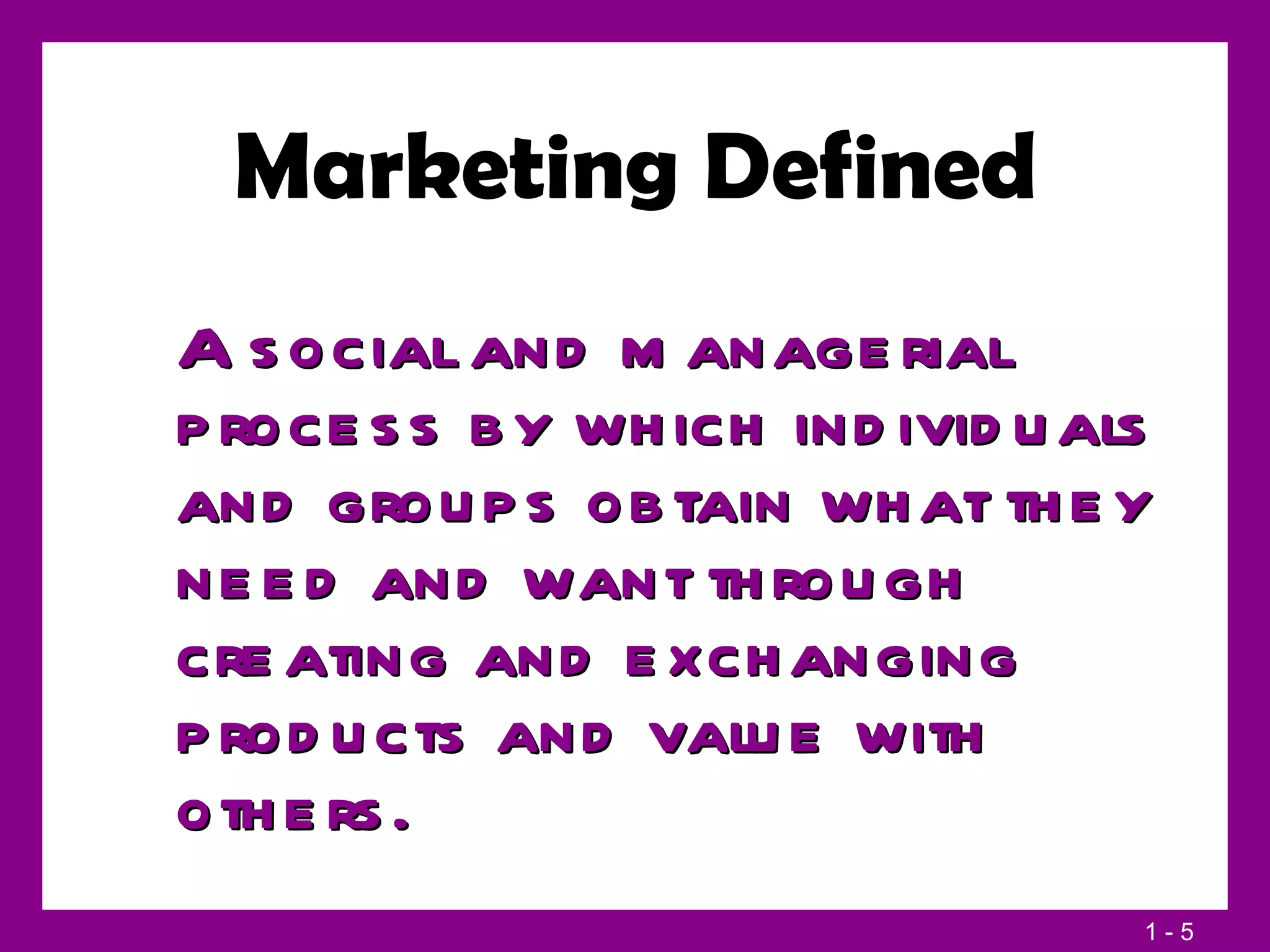 Marketing Defined A social and managerial process by which individuals and groups obtain what they need and want through creating and exchanging products and value with others. 