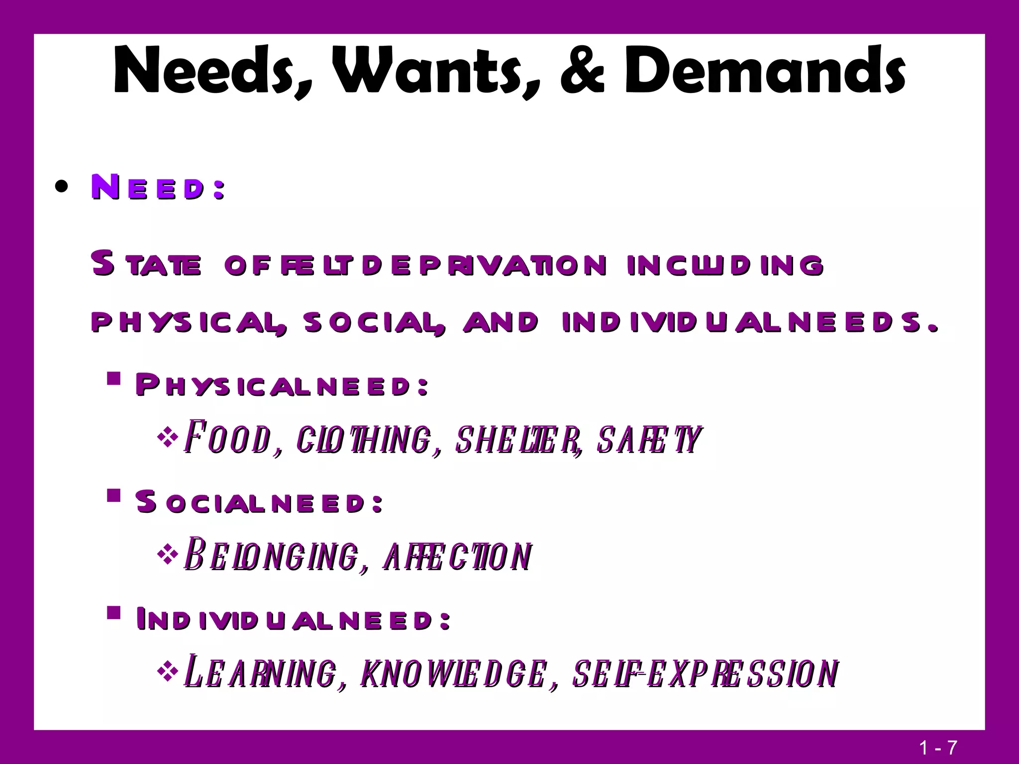 Needs, Wants, & Demands Need:   State of felt deprivation including physical, social, and individual needs. Physical need: Food, clothing, shelter, safety Social need: Belonging, affection Individual need: Learning, knowledge, self-expression 