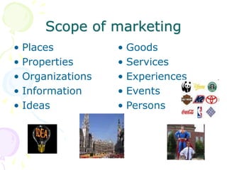 Scope of marketing
• Places
• Properties
• Organizations
• Information
• Ideas
• Goods
• Services
• Experiences
• Events
• Persons
 