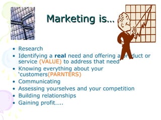 Marketing is…
Marketing is…
• Research
• Identifying a real need and offering a product or
service (VALUE) to address that need
• Knowing everything about your
‘customers(PARNTERS)
• Communicating
• Assessing yourselves and your competition
• Building relationships
• Gaining profit…..
 