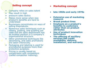 Selling concept
• Company relies on sales talent
• May result in high
• pressure sales tactics
• Makes more sense when new
product’s benefits are hard to
understood
• Businesses concentrates on ways of
selling theproducts.
• Numerous sales techniques such as
closing, probing, and qualifing are
used and the sales department has
an exalted position in a company's
organizational structure.
• Other promotional techniques like
advertising, and sales promotions
are taken intensively.
• Packaging and labeling is used for
promotional purposes more than
protective purposes.
• Pricing is usually based on
comparisons with competitors
(called competitor indexing).
• Marketing concept
• late 1960s and early 1970s
• Extensive use of marketing
research
• Broad product lines
• Emphasis on a product's
benefits to customers
rather than on product
attributes
• Use of product innovation
techniques
• The offering of ancillary
services like credit
availability, delivery,
installation, and warranty
 
