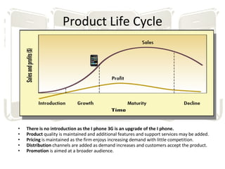 Product Life Cycle There is no introduction as the I phone 3G is an upgrade of the I phone. Product  quality is maintained and additional features and support services may be added. Pricing  is maintained as the firm enjoys increasing demand with little competition. Distribution  channels are added as demand increases and customers accept the product. Promotion  is aimed at a broader audience. 