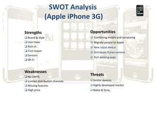 SWOT Analysis  (Apple iPhone 3G) Strengths  Brand & Style User base Rich UI First mover Sensors Wi-Fi  Weaknesses  No UMTS Limited distribution channels Missing features High price  Opportunities Combining mobile and computing Migrate people to Apple New social device Distribute iTunes content Port existing apps Threats Similar devices Highly developed market Nokia & Sony,  