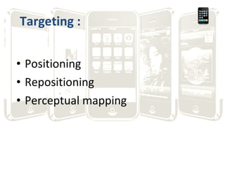 <ul><li>Positioning </li></ul><ul><li>Repositioning </li></ul><ul><li>Perceptual mapping </li></ul>Targeting : 