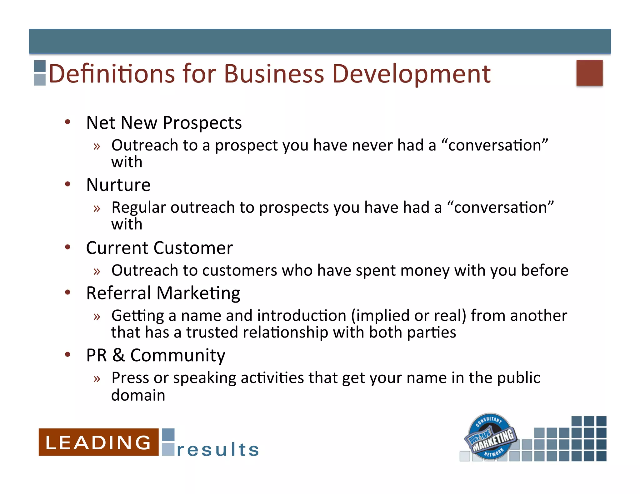 Deﬁni&ons	
  for	
  Business	
  Development	
  
 •  Net	
  New	
  Prospects	
  
     »  Outreach	
  to	
  a	
  prospect	
  you	
  have	
  never	
  had	
  a	
  “conversa&on”	
  
        with	
  	
  
 •  Nurture	
  
     »  Regular	
  outreach	
  to	
  prospects	
  you	
  have	
  had	
  a	
  “conversa&on”	
  
        with	
  
 •  Current	
  Customer	
  
     »  Outreach	
  to	
  customers	
  who	
  have	
  spent	
  money	
  with	
  you	
  before	
  
 •  Referral	
  Marke&ng	
  
     »  Gesng	
  a	
  name	
  and	
  introduc&on	
  (implied	
  or	
  real)	
  from	
  another	
  
        that	
  has	
  a	
  trusted	
  rela&onship	
  with	
  both	
  par&es	
  
 •  PR	
  &	
  Community	
  
     »  Press	
  or	
  speaking	
  ac&vi&es	
  that	
  get	
  your	
  name	
  in	
  the	
  public	
  
        domain	
  
 