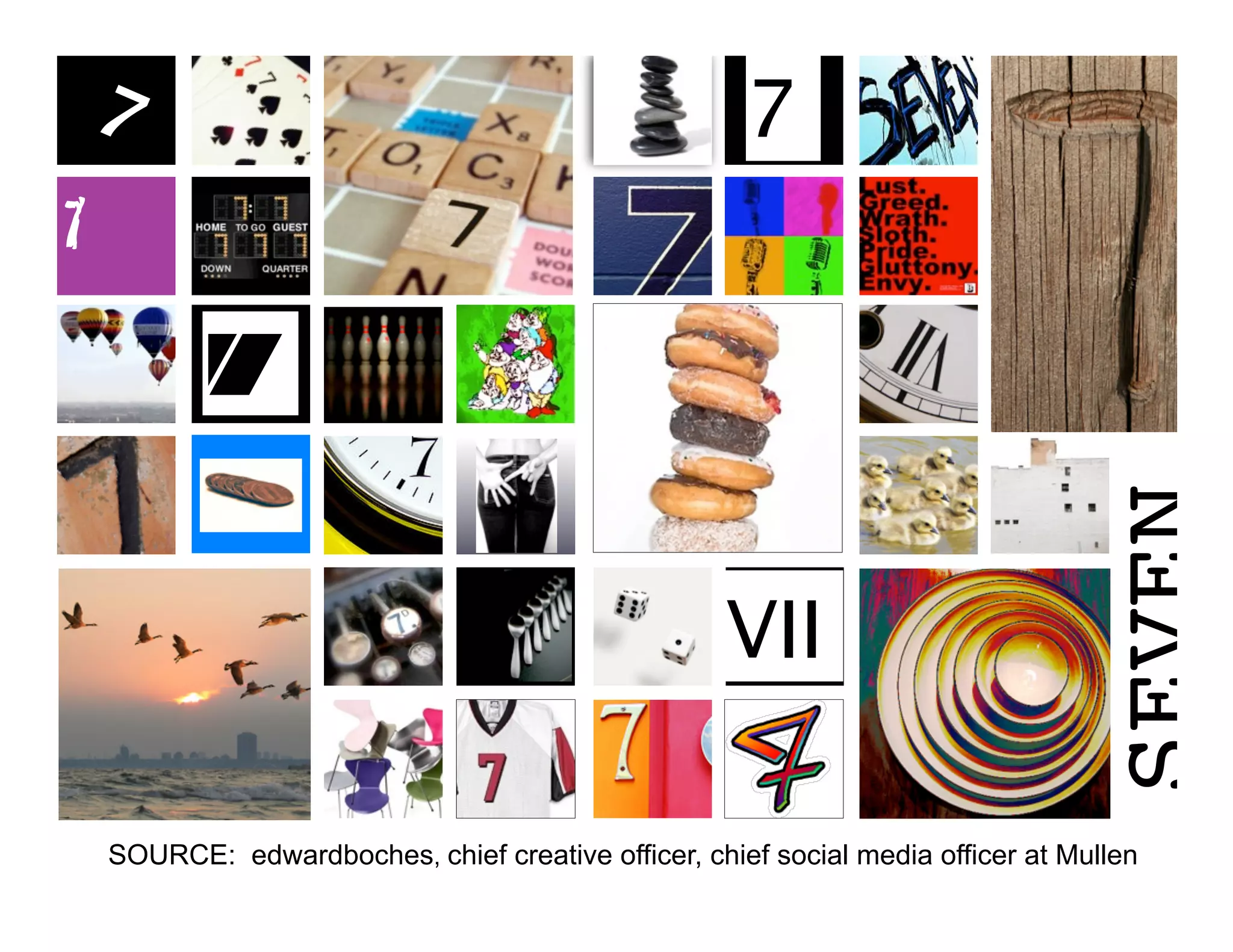 7
7!

            7




                                                                                    SEVEN!
                                                      VII

     SOURCE: edwardboches, chief creative officer, chief social media officer at Mullen
 