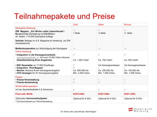 Teilnahmepakete und Preise
                                                              Gold                             Silber                 Bronze
Klassische Werbung                                            x                                c                      c
ÖW Magazin „Ein Winter voller Lebensfreude“:                                                                        
Redaktionelle Darstellung mit Bild/Bildern                    1 Seite                          ½ Seite                ¼ Seite
44 Seiten, 115.000 Exemplare Auflage
c
Vertrieb: Beilage im A.S. Magazine & Verteilung via ÖW
Urlaubsservice

Medienkooperation zur Ankündigung der Kampagne                                                                      
Online Werbung
• Integration in die Kampagnenwebsite                                                                               
  www.austria.info/be_nl mit rund 15.000 Visits inklusive
  Detaildarstellung Ihres Angebotes                           Ca. 1.000 Visits*                Ca. 750 Visits*        Ca. 500 Visits*

•   B2C Newsletter an 17.000 Empfänger                                                        Via Kampagnenteaser    Via Kampagnenteaser
•   Integration iPad Magazin                                                                  -                      -
•   Banner inklusive Ihrem Kampagnenangebot                   Ca. 400.000 Ais                  Ca. 200.000 Ais        Ca. 100.000 Ais
•   CPC-Anzeigen für Ihr Kampagnenangebot                     Min. 2.500 Clicks                Min. 1.500 Clicks      Min. 1.000 Clicks
Presse
• Presse-Veranstaltung                                                                        -                      -
• Presse-Aussendung                                                                                                 -
Wirtschaftskooperation
mit der Sportartikelkette A.S.Adventure                                                                             
Preis exkl. MwSt.                                             EUR 8.000,-                      EUR 5.800,-            EUR 3.000,-

Optionales Sonnenskilaufpaket                                 Optional für € 620,-             Optional für € 620,-   Optional für € 620,-
* Durchschnittswert pro Partnerdarstellung




                                               Ein Winter voller Lebensfreude, Markt Belgien
 