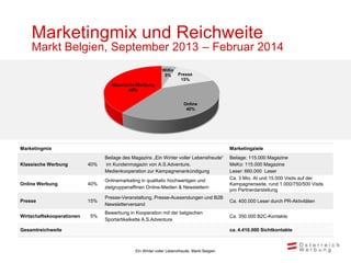Marketingmix und Reichweite
    Markt Belgien, September 2013 – Februar 2014
                                                             WiKo
                                                              5%     Presse
                                                                      15%
                                   Klassische Werbung
                                           40%


                                                                         Online
                                                                          40%




Marketingmix                                                                                  Marketingziele
                                 Beilage des Magazins „Ein Winter voller Lebensfreude“        Beilage: 115.000 Magazine
Klassische Werbung         40%   im Kundenmagazin von A.S.Adventure,                          MeKo: 115.000 Magazine
                                 Medienkooperation zur Kampagnenankündigung                   Leser: 660.000 Leser
                                 Onlinemarketing in qualitativ hochwertigen und               Ca. 3 Mio. AI und 15.000 Visits auf der
Online Werbung             40%                                                                Kampagnenseite, rund 1.000/750/500 Visits
                                 zielgruppenaffinen Online-Medien & Newslettern
                                                                                              pro Partnerdarstellung
                                 Presse-Veranstaltung, Presse-Aussendungen und B2B
Presse                     15%                                                                Ca. 400.000 Leser durch PR-Aktivitäten
                                 Newsletterversand
                                 Bewerbung in Kooperation mit der belgischen
Wirtschaftskooperationen   5%                                                                 Ca. 350.000 B2C-Kontakte
                                 Sportartikelkette A.S.Adventure

Gesamtreichweite                                                                              ca. 4.410.000 Sichtkontakte



                                              Ein Winter voller Lebensfreude, Markt Belgien
 