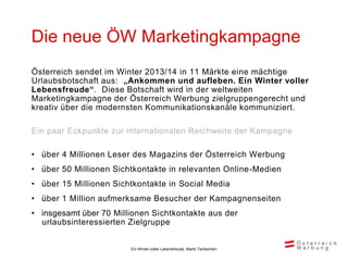 Die neue ÖW Marketingkampagne
Österreich sendet im Winter 2013/14 in 11 Märkte eine mächtige
Urlaubsbotschaft aus: „Ankommen und aufleben. Ein Winter voller
Lebensfreude“. Diese Botschaft wird in der weltweiten
Marketingkampagne der Österreich Werbung zielgruppengerecht und
kreativ über die modernsten Kommunikationskanäle kommuniziert.

Ein paar Eckpunkte zur internationalen Reichweite der Kampagne

• über 4 Millionen Leser des Magazins der Österreich Werbung
• über 50 Millionen Sichtkontakte in relevanten Online-Medien
• über 15 Millionen Sichtkontakte in Social Media
• über 1 Million aufmerksame Besucher der Kampagnenseiten
• insgesamt über 70 Millionen Sichtkontakte aus der
  urlaubsinteressierten Zielgruppe


                        Ein Winter voller Lebensfreude, Markt Tschechien
 