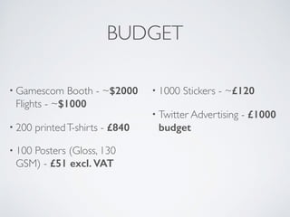 BUDGET
• Gamescom Booth - ~$2000
Flights - ~$1000	

• 200 printedT-shirts - £840	

• 100 Posters (Gloss, 130
GSM) - £51 excl. VAT
!
• 1000 Stickers - ~£120
• Twitter Advertising - £1000
budget
 