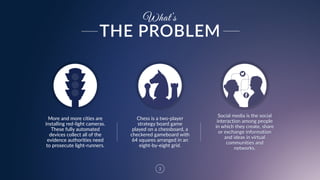 3
What’s
Social  media  is  the  social  
interaction  among  people  
in  which  they  create,  share  
or  exchange  information  
and  ideas  in  virtual  
communities  and  
networks.
Chess  is  a  two-­‐player  
strategy  board  game  
played  on  a  chessboard,  a  
checkered  gameboard  with  
64  squares  arranged  in  an  
eight-­‐by-­‐eight  grid.
More  and  more  cities  are  
installing  red-­‐light  cameras.  
These  fully  automated  
devices  collect  all  of  the  
evidence  authorities  need  
to  prosecute  light-­‐runners.
THE  PROBLEM
 