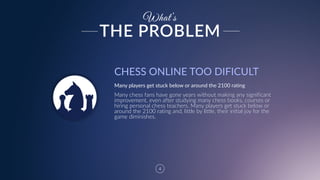 4
What’s
Many  chess  fans  have  gone  years  without  making  any  significant  
improvement,  even  after  studying  many  chess  books,  courses  or  
hiring  personal  chess  teachers.  Many  players  get  stuck  below  or  
around  the  2100  rating  and,  little  by  little,  their  initial  joy  for  the  
game  diminishes.
CHESS  ONLINE  TOO  DIFICULT
Many  players  get  stuck  below  or  around  the  2100  rating
THE  PROBLEM
 