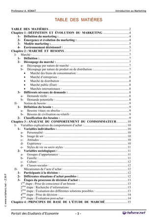 Professeur A. KOMAT

Introduction au Marketing

© www.e-tahero.net – Z.M.F

TABLE DES MATIÈRES
TABLE DES MATIÈRES......................................................................................................2
Chapitre 1 : DÉFINITION ET ÉVOLUTION DU MARKETING .................................4
1- Définition du marketing :.........................................................................................4
2- Émergence et évolution du marketing :..................................................................4
3- Modèle marketing :...................................................................................................5
4- Environnement décisionnel : ...................................................................................5
Chapitre 2 : MARCHÉ ET BESOINS..................................................................................7
I- Marché : ..........................................................................................................................7
1- Définition :.................................................................................................................7
2- Découpage du marché : ............................................................................................7
a- Découpage par nature de marché :..........................................................................7
b- Découpage par nature de produit ou de distribution :.............................................7
•
Marché des biens de consommation :.................................................................7
•
Marché d’entreprises : ........................................................................................8
•
Marché de distribution :......................................................................................8
•
Marché public (État) : .........................................................................................8
•
Marchés internationaux : ....................................................................................8
3- Différents niveaux de demande : .............................................................................8
a- Demande réelle : .....................................................................................................8
b- Demande potentielle : .............................................................................................8
IINotion de besoin :.......................................................................................................9
1- Définition du besoin :................................................................................................9
a- Besoins vitaux ou absolus :.....................................................................................9
b- Besoins de civilisation ou relatifs :.........................................................................9
2- Classification des besoins :.......................................................................................9
Chapitre 3 : ANALYSE DU COMPORTEMENT DU COMSOMMATEUR..............10
I- Variables explicatives du comportement d’achat : .......................................................10
1- Variables individuelles : .........................................................................................10
a- Personnalité : ........................................................................................................10
b- Image de soi :........................................................................................................10
c- Attitudes :..............................................................................................................10
d- Expérience : ..........................................................................................................10
e- Styles de vie ou socio styles : ...............................................................................11
2- Variables sociologiques : ........................................................................................11
a- Groupes d’appartenance : .....................................................................................11
b- Famille : ................................................................................................................11
c- Culture : ................................................................................................................12
d- Classes sociales :...................................................................................................12
IIMécanismes de l’acte d’achat :.................................................................................12
1- Participants à la décision : .....................................................................................12
2- Différentes situations d’achat possibles :..............................................................12
3- Étapes du processus de décision d’achat :............................................................13
1ère étape : Prise de conscience d’un besoin : ...............................................................13
2ème étape : Recherche d’informations :........................................................................13
3ème étape : Évaluation des différentes solutions possibles : ........................................13
4ème étape : Prise de décision : ......................................................................................14
5ème étape : Évaluation post-achat : ..............................................................................14
Chapitre 4 : PRINCIPES DE BASE DE L’ÉTUDE DE MARCHÉ ............................15

Portail des Etudiants d’Economie

-2-

 