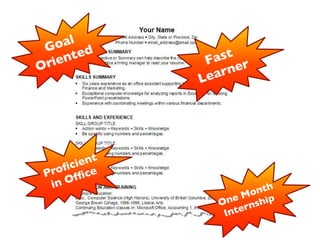 Goal 
Oriented 
One Month 
Internship 
Proficient 
in Office 
Fast 
Learner 
 