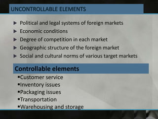  Political and legal systems of foreign markets
 Economic conditions
 Degree of competition in each market
 Geographic structure of the foreign market
 Social and cultural norms of various target markets
Controllable elements
Customer service
Inventory issues
Packaging issues
Transportation
Warehousing and storage
 
