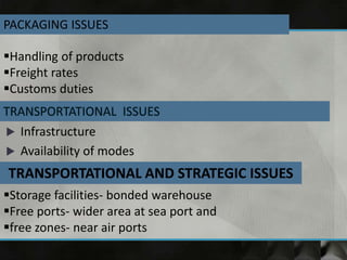  Infrastructure
 Availability of modes
Storage facilities- bonded warehouse
Free ports- wider area at sea port and
free zones- near air ports
PACKAGING ISSUES
Handling of products
Freight rates
Customs duties
TRANSPORTATIONAL AND STRATEGIC ISSUES
 
