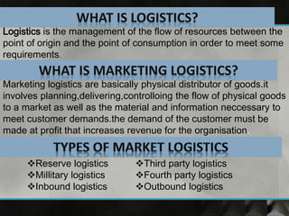 .
Marketing logistics are basically physical distributor of goods.it
involves planning,delivering,controlloing the flow of physical goods
to a market as well as the material and information neccessary to
meet customer demands.the demand of the customer must be
made at profit that increases revenue for the organisation.
Logistics is the management of the flow of resources between the
point of origin and the point of consumption in order to meet some
requirements.
Reserve logistics
Millitary logistics
Inbound logistics
Third party logistics
Fourth party logistics
Outbound logistics
 
