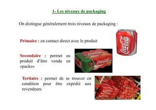 1- Les niveaux de packaging
On distingue généralement trois niveaux de packaging :
Primaire : en contact direct avec le produit
Secondaire : permet auSecondaire : permet au
produit d’être vendu en
«packs»
Tertiaire : permet de se trouver en
condition pour être expédié aux
revendeurs
 