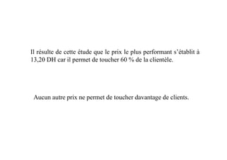 Il résulte de cette étude que le prix le plus performant s’établit à
13,20 DH car il permet de toucher 60 % de la clientèle.
Aucun autre prix ne permet de toucher davantage de clients.
 