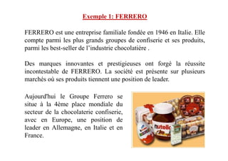 FERRERO est une entreprise familiale fondée en 1946 en Italie. Elle
compte parmi les plus grands groupes de confiserie et ses produits,
parmi les best-seller de l’industrie chocolatière .
Des marques innovantes et prestigieuses ont forgé la réussite
incontestable de FERRERO. La société est présente sur plusieurs
marchés où ses produits tiennent une position de leader.
Exemple 1: FERRERO
marchés où ses produits tiennent une position de leader.
Aujourd'hui le Groupe Ferrero se
situe à la 4ème place mondiale du
secteur de la chocolaterie confiserie,
avec en Europe, une position de
leader en Allemagne, en Italie et en
France.
 