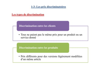 • Tous ne paient pas le même prix pour un produit ou un
Discrimination entre les clients
Les types de discrimination
1-3- Les prix discriminatoires
• Tous ne paient pas le même prix pour un produit ou un
service donné
• Prix différents pour des versions légèrement modifiées
d’un même article
Discrimination entre les produits
 