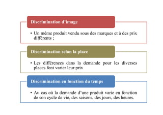 • Un même produit vendu sous des marques et à des prix
différents ;
Discrimination d’image
Discrimination selon la place
• Les différences dans la demande pour les diverses
places font varier leur prix
• Au cas où la demande d’une produit varie en fonction
de son cycle de vie, des saisons, des jours, des heures.
Discrimination en fonction du temps
 
