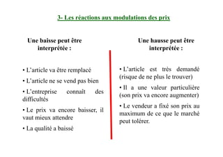3- Les réactions aux modulations des prix
Une baisse peut être
interprétée :
Une hausse peut être
interprétée :
• L’article va être remplacé
• L’article ne se vend pas bien
•
• L’article est très demandé
(risque de ne plus le trouver)
• L’article ne se vend pas bien
• L’entreprise connaît des
difficultés
• Le prix va encore baisser, il
vaut mieux attendre
• La qualité a baissé
(risque de ne plus le trouver)
• Il a une valeur particulière
(son prix va encore augmenter)
• Le vendeur a fixé son prix au
maximum de ce que le marché
peut tolérer.
 
