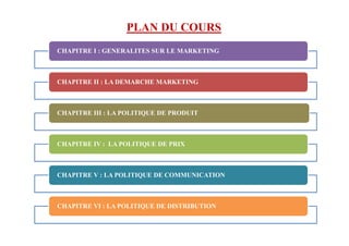 PLAN DU COURS
CHAPITRE I : GENERALITES SUR LE MARKETING
CHAPITRE II : LA DEMARCHE MARKETING
CHAPITRE III : LA POLITIQUE DE PRODUIT
CHAPITRE IV : LA POLITIQUE DE PRIX
CHAPITRE V : LA POLITIQUE DE COMMUNICATION
CHAPITRE VI : LA POLITIQUE DE DISTRIBUTION
 