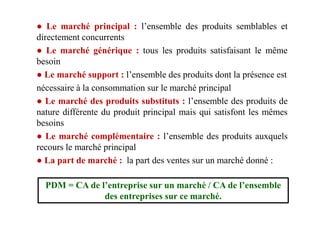 ● Le marché principal : l’ensemble des produits semblables et
directement concurrents
● Le marché générique : tous les produits satisfaisant le même
besoin
● Le marché support : l’ensemble des produits dont la présence est
nécessaire à la consommation sur le marché principal
● Le marché des produits substituts : l’ensemble des produits de
nature différente du produit principal mais qui satisfont les mêmesnature différente du produit principal mais qui satisfont les mêmes
besoins
● Le marché complémentaire : l’ensemble des produits auxquels
recours le marché principal
● La part de marché : la part des ventes sur un marché donné :
PDM = CA de l’entreprise sur un marché / CA de l’ensemble
des entreprises sur ce marché.
 