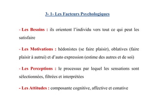 3- 1- Les Facteurs Psychologiques
- Les Besoins : ils orientent l’individu vers tout ce qui peut les
satisfaire
- Les Motivations : hédonistes (se faire plaisir), oblatives (faire
plaisir à autrui) et d’auto expression (estime des autres et de soi)plaisir à autrui) et d’auto expression (estime des autres et de soi)
- Les Perceptions : le processus par lequel les sensations sont
sélectionnées, filtrées et interprétées
- Les Attitudes : composante cognitive, affective et conative
 