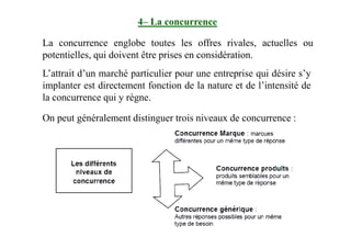 4– La concurrence
La concurrence englobe toutes les offres rivales, actuelles ou
potentielles, qui doivent être prises en considération.
On peut généralement distinguer trois niveaux de concurrence :
L’attrait d’un marché particulier pour une entreprise qui désire s’y
implanter est directement fonction de la nature et de l’intensité de
la concurrence qui y règne.
 