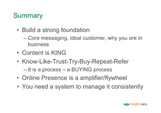 Summary

•  Build a strong foundation
  –  Core messaging, ideal customer, why you are in
     business
•  Content is KING
•  Know-Like-Trust-Try-Buy-Repeat-Refer
  –  It is a process – a BUYING process
•  Online Presence is a amplifier/flywheel
•  You need a system to manage it consistently
 