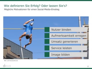 32
Wie definieren Sie Erfolg? Oder lassen Sie's?
Bild: schriwo/pixelio.de
Umsatz generieren
Service leisten
Image bilden
Nutzer binden
Aufmerksamkeit erregen
Bild: schriwo/pixelio.de
Mögliche Motivationen für einen Social-Media-Einstieg
 