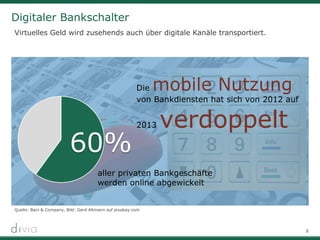 8
Digitaler Bankschalter
Virtuelles Geld wird zusehends auch über digitale Kanäle transportiert.
aller privaten Bankgeschäfte
werden online abgewickelt
Die mobile Nutzung
von Bankdiensten hat sich von 2012 auf
2013 verdoppelt
Quelle: Bain & Company, Bild: Gerd Altmann auf pixabay.com
 