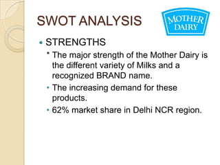 SWOT ANALYSIS
   STRENGTHS
    * The major strength of the Mother Dairy is
      the different variety of Milks and a
      recognized BRAND name.
    • The increasing demand for these
      products.
    • 62% market share in Delhi NCR region.
 
