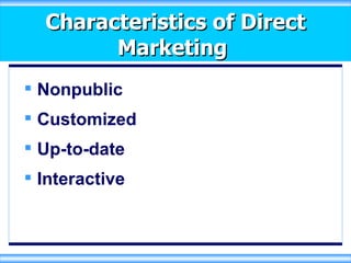 Characteristics of Direct Marketing  Nonpublic Customized Up-to-date Interactive 