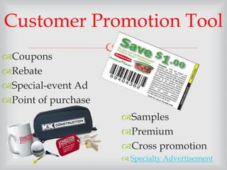 
Customer Promotion Tool
Coupons
Rebate
Special-event Ad
Point of purchase
Samples
Premium
Cross promotion
 Specialty Advertisement
 