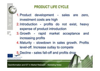 PRODUCT LIFE CYCLE
1. Product development - sales are zero,
investment costs are high
2. Introduction - profits do not exist, heavy
expense of product introduction
3. Growth - rapid market acceptance and
increasing profits
4. Maturity - slowdown in sales growth. Profits
levellevel-off. Increase outlay to compete
fall5. Decline - sales fall-off and profits drop

GeoInformation and ICT in Market Research – Marketing Notes

 