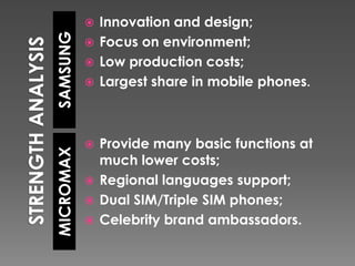 SAMSUNGMICROMAX
 Innovation and design;
 Focus on environment;
 Low production costs;
 Largest share in mobile phones.
 Provide many basic functions at
much lower costs;
 Regional languages support;
 Dual SIM/Triple SIM phones;
 Celebrity brand ambassadors.
 